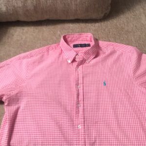 Pink and white plaid polo shirt